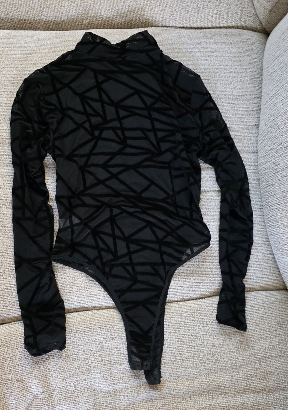 Black Geometric Mesh Long-Sleeve Bodysuit With Keyhole Front